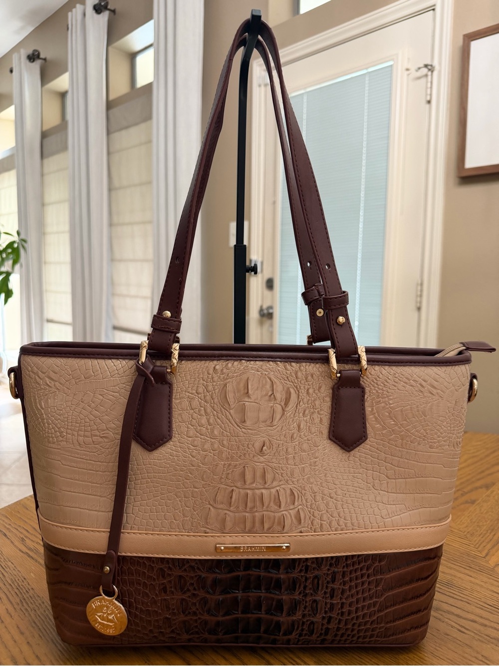 Vintage Brahmin Asher Cream & Brown Croc-Embossed Leather Tote